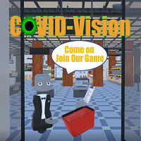 COVID-Vision VR teaser screenshot showing a public-space distancing game scene.