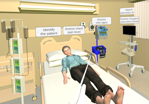 VR nurse training screenshot with a patient bed, equipment, and assessment prompts.