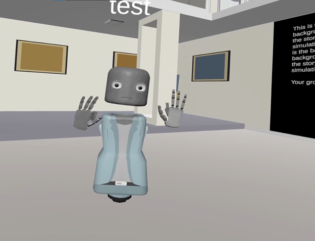 Communication Technology and Social Behavior VR screenshot showing an avatar with raised hands in a simulated room.